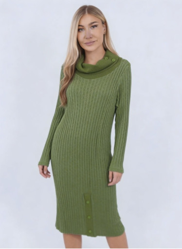 Πλεκτό ζιβάγκο πράσινο φόρεμα με ιδιαίτερη πλέξη και διακοσμητικά κουμπιά