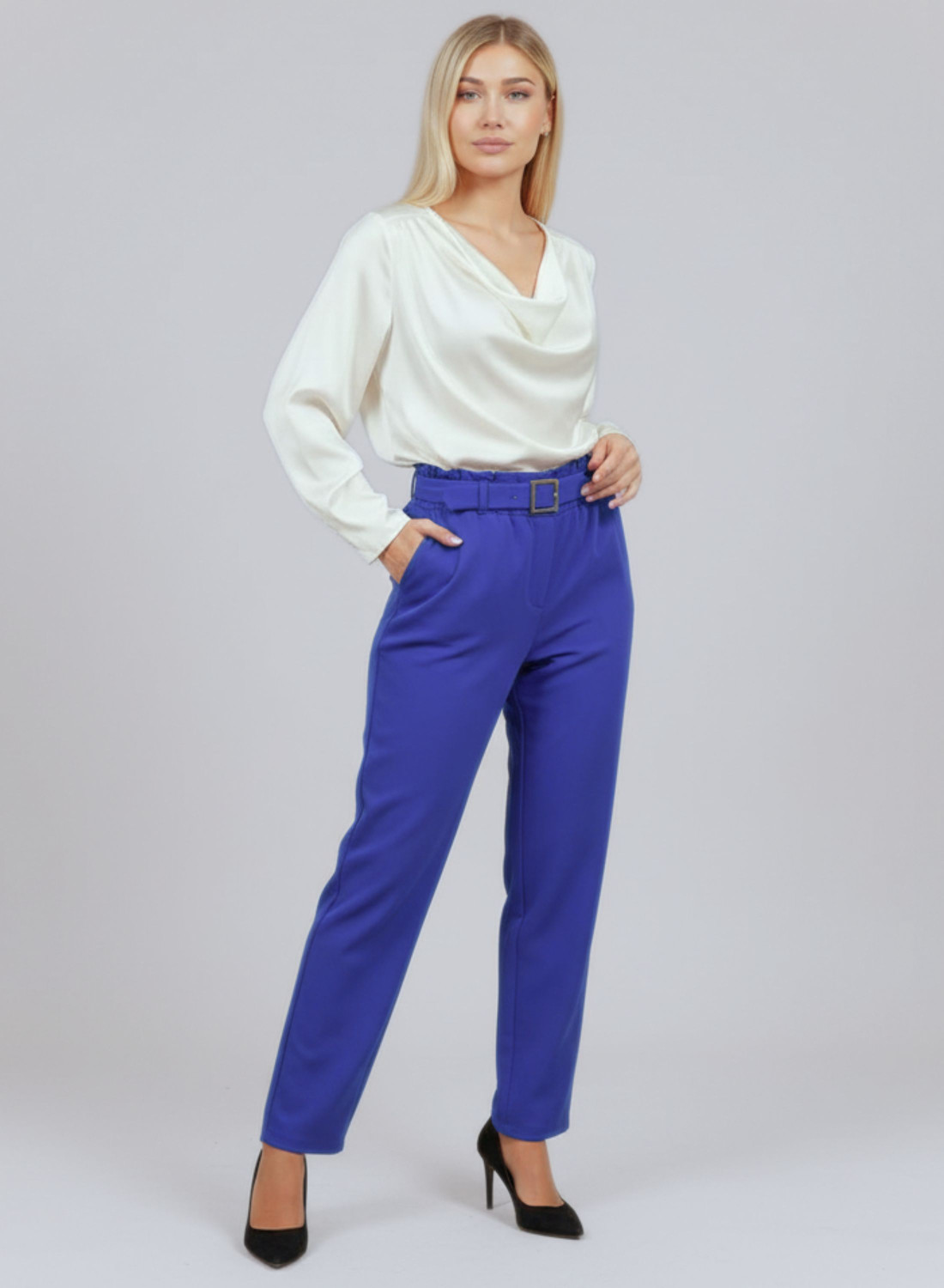 Μπλε ρουά ελαστικό παντελόνι γραφείου με ζώνη 