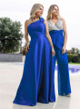Μπλε ρουά σατέν μάξι φόρεμα με έναν ώμο και κομψό φιόγκο με στρας