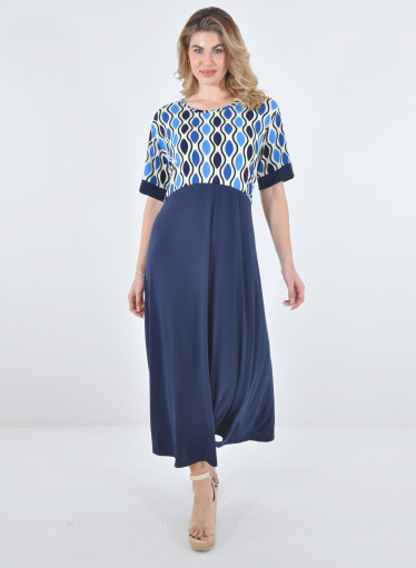 Μακρύ μπλε φόρεμα με εμπριμέ μπούστο 