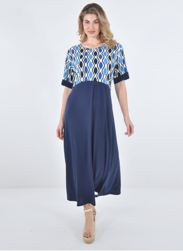 Μακρύ μπλε φόρεμα με εμπριμέ μπούστο  Μακρύ μπλε φόρεμα με εμπριμέ μπούστο