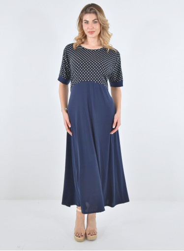 Μακρύ μπλε φόρεμα με πουά μπούστο 