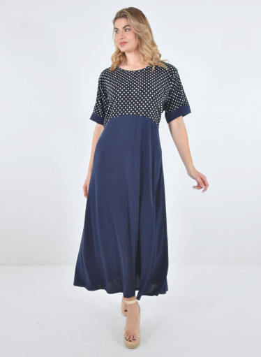 Μακρύ μπλε φόρεμα με πουά μπούστο 