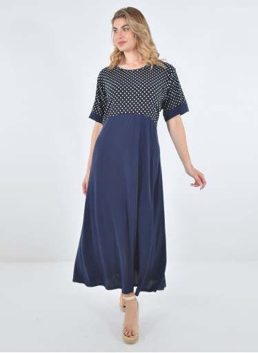 Μακρύ μπλε φόρεμα με πουά μπούστο 