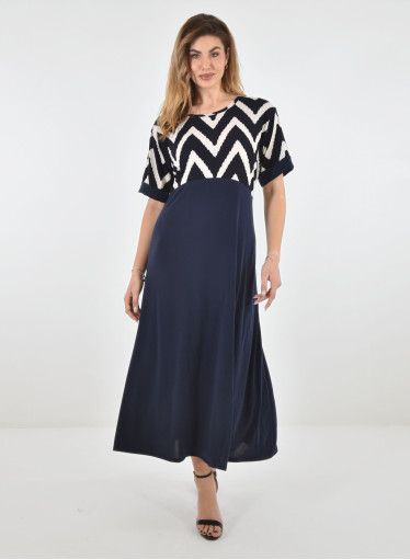 Μπλε μακρύ φόρεμα με εμπριμέ μπούστο Μπλε μακρύ φόρεμα με εμπριμέ μπούστο