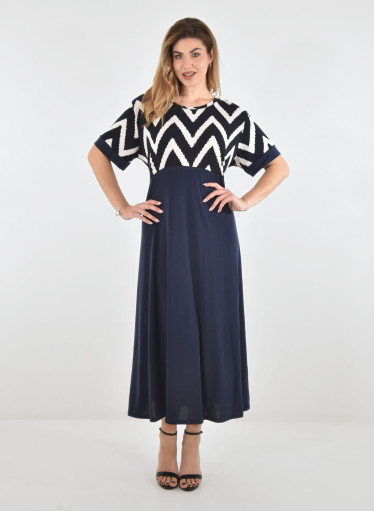 Μπλε μακρύ φόρεμα με εμπριμέ μπούστο