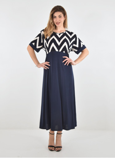 Μπλε μακρύ φόρεμα με εμπριμέ μπούστο Μπλε μακρύ φόρεμα με εμπριμέ μπούστο