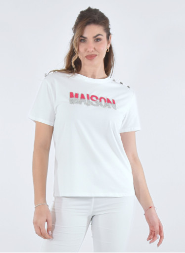 Βαμβακερή λευκή μπλούζα με στάμπα