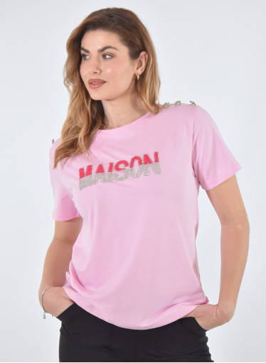 Βαμβακερή ροζ μπλούζα με στάμπα