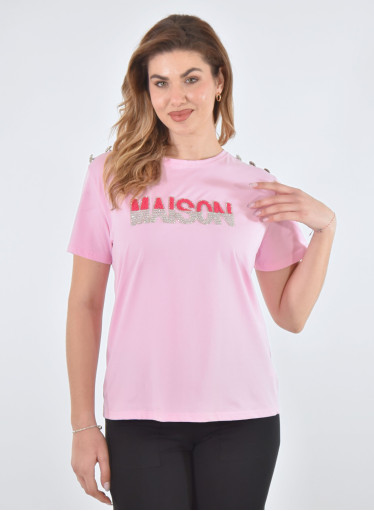 Βαμβακερή ροζ μπλούζα με στάμπα