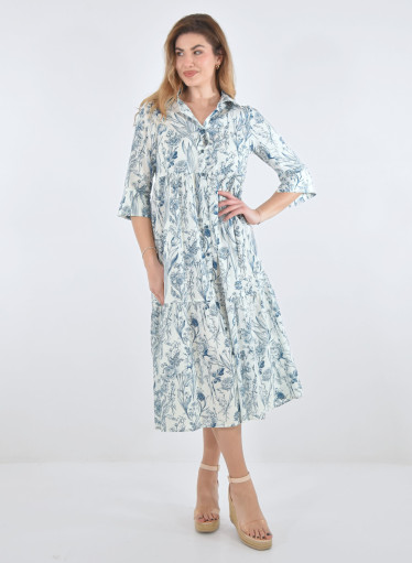 Midi βαμβακερό φόρεμα με μπλε εμπριμέ σχέδιο