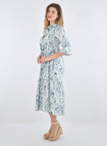 Midi βαμβακερό φόρεμα με μπλε εμπριμέ σχέδιο