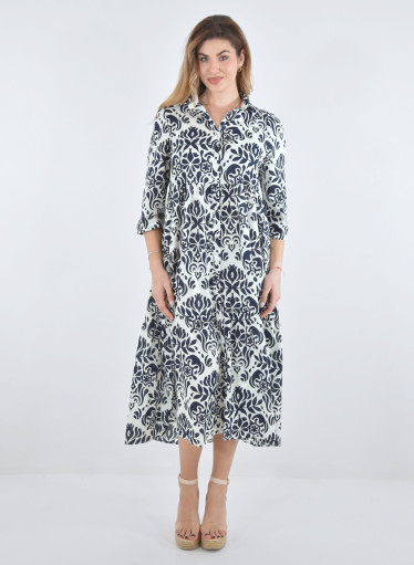 Midi βαμβακερό φόρεμα με μαύρο εμπριμέ σχέδιο