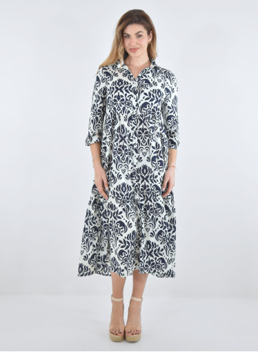 Midi βαμβακερό φόρεμα με μαύρο εμπριμέ σχέδιο