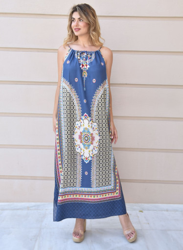 Βαμβακερό μπλε εμπριμέ καφτάνι