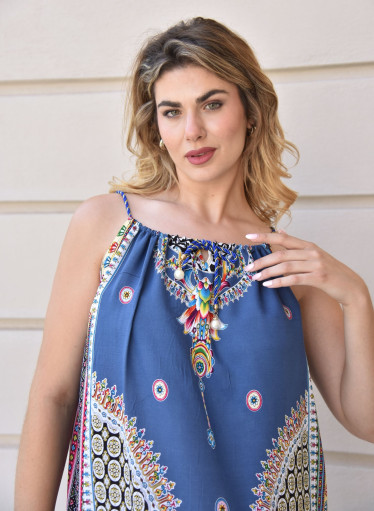 Βαμβακερό μπλε εμπριμέ καφτάνι