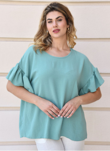 Μονόχρωμη τιρκουάζ μπλούζα με βολάν στα μανίκια