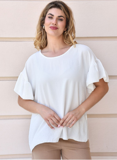 Μονόχρωμη λευκή μπλούζα με βολάν στα μανίκια