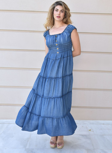 Μοντέρνο βαμβακερό μπλε φόρεμα τύπου τζιν