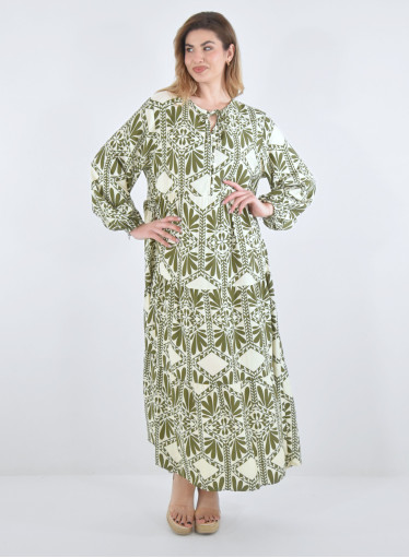 Μακρύ ανοιξιάτικο φόρεμα με λαδί μοτίβα