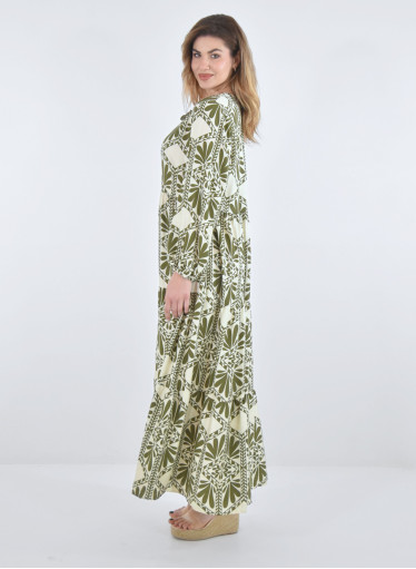 Μακρύ ανοιξιάτικο φόρεμα με λαδί μοτίβα