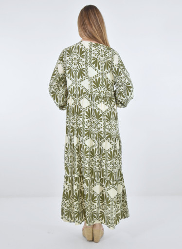 Μακρύ ανοιξιάτικο φόρεμα με λαδί μοτίβα