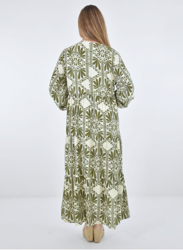 Μακρύ ανοιξιάτικο φόρεμα με λαδί μοτίβα