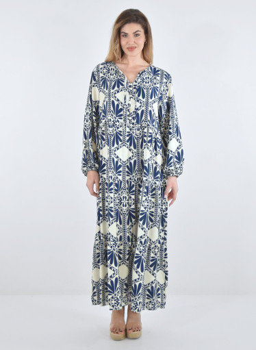 Εμπριμέ μακρύ φόρεμα με μπλε μοτίβα