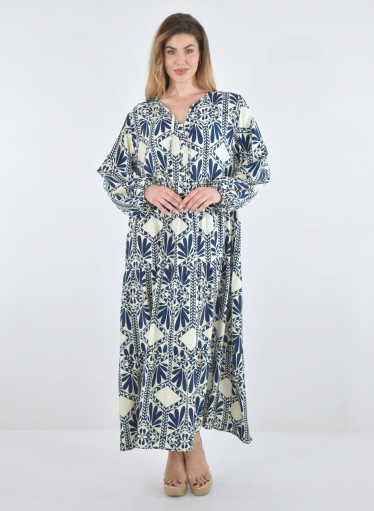 Εμπριμέ μακρύ φόρεμα με μπλε μοτίβα