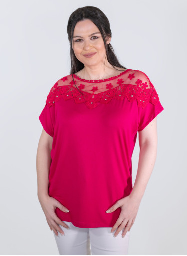 Μοντέρνα φούξια μπλούζα με δαντέλα