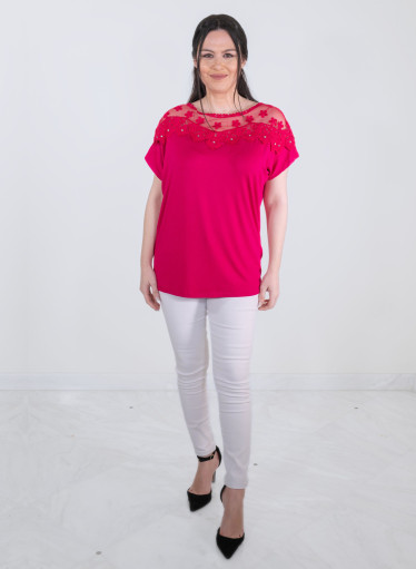 Μοντέρνα φούξια μπλούζα με δαντέλα