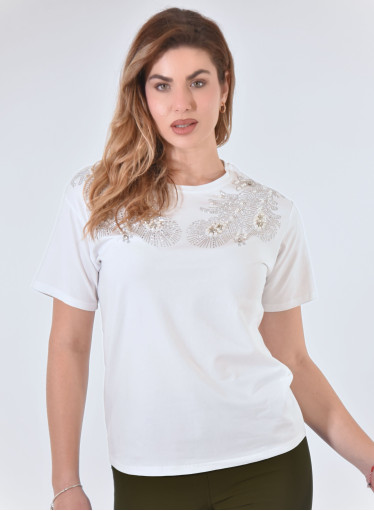 Λευκή βαμβακερή μπλούζα με στάμπα Λευκή βαμβακερή μπλούζα με στάμπα