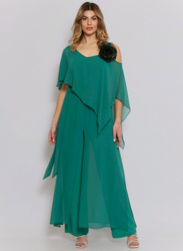 Αμπιγιέ ολόσωμη πράσινη φόρμα με μαύρη statement μπουτονιέρα