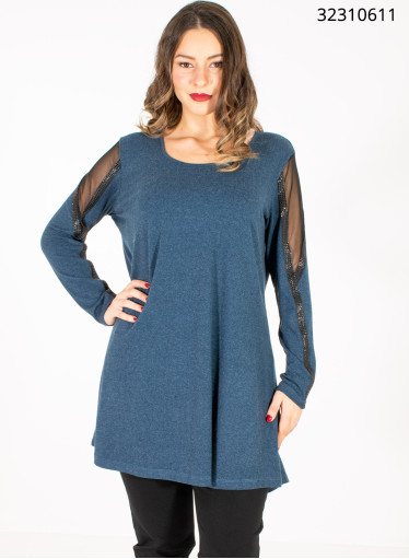 Μπλε μακριά μπλούζα με διαφάνεια στα μανίκια Μπλε μακριά μπλούζα με διαφάνεια στα μανίκια