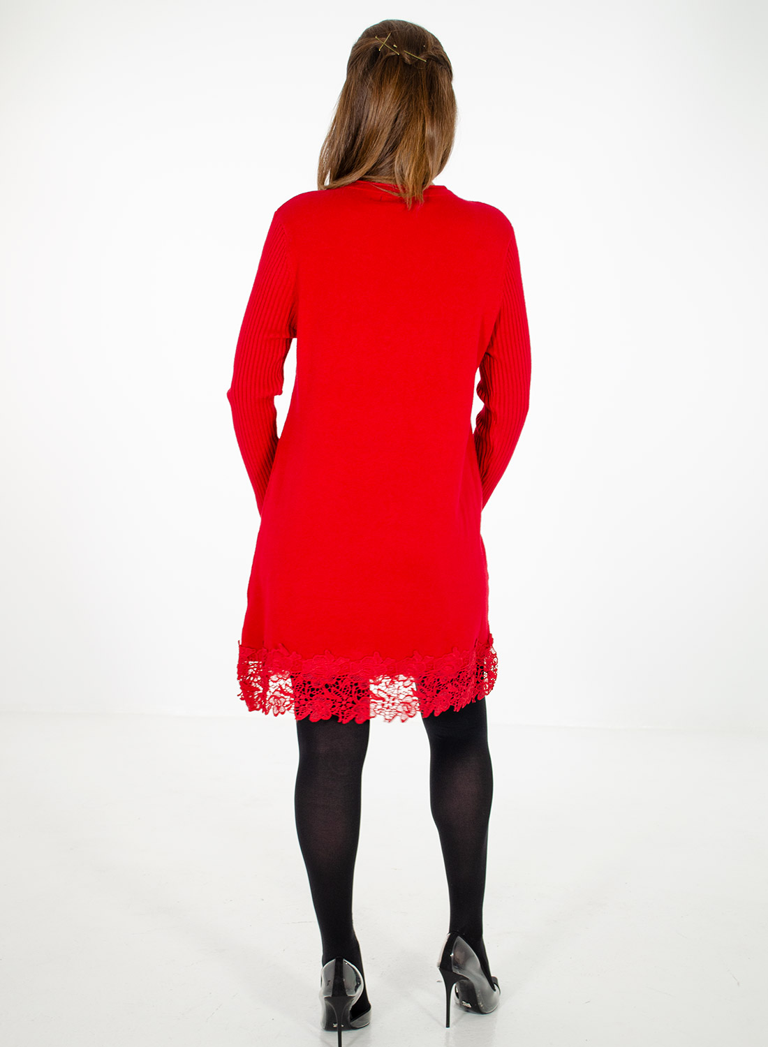 Κόκκινο εντυπωσιακό πλεκτό μπλουζοφόρεμα με δαντέλα