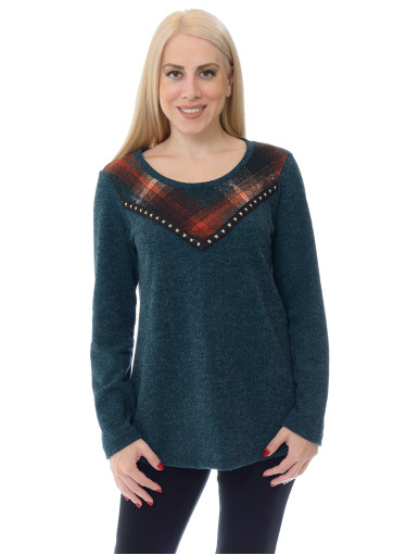 Μονόχρωμη μπλούζα με καρό σχέδιο