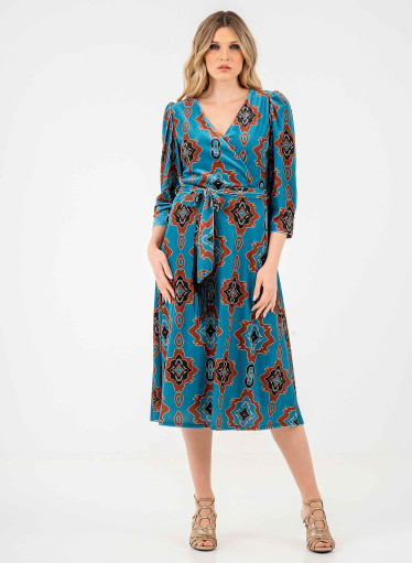 Midi βελουτέ φόρεμα με μοντέρνο μοτίβο