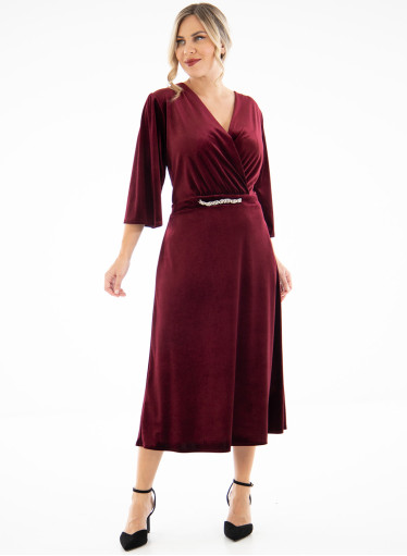 Μπορντό βελουτέ midi φόρεμα
