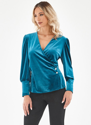 Βελουτέ πετρόλ κρουαζέ μπλούζα