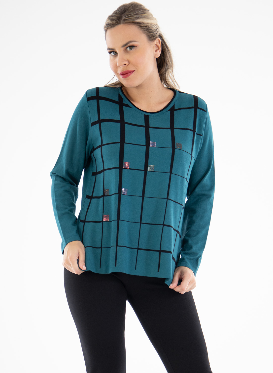 Πετρόλ πλεκτή μπλούζα με σχέδια