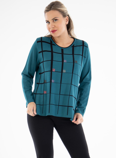 Πετρόλ πλεκτή μπλούζα με σχέδια