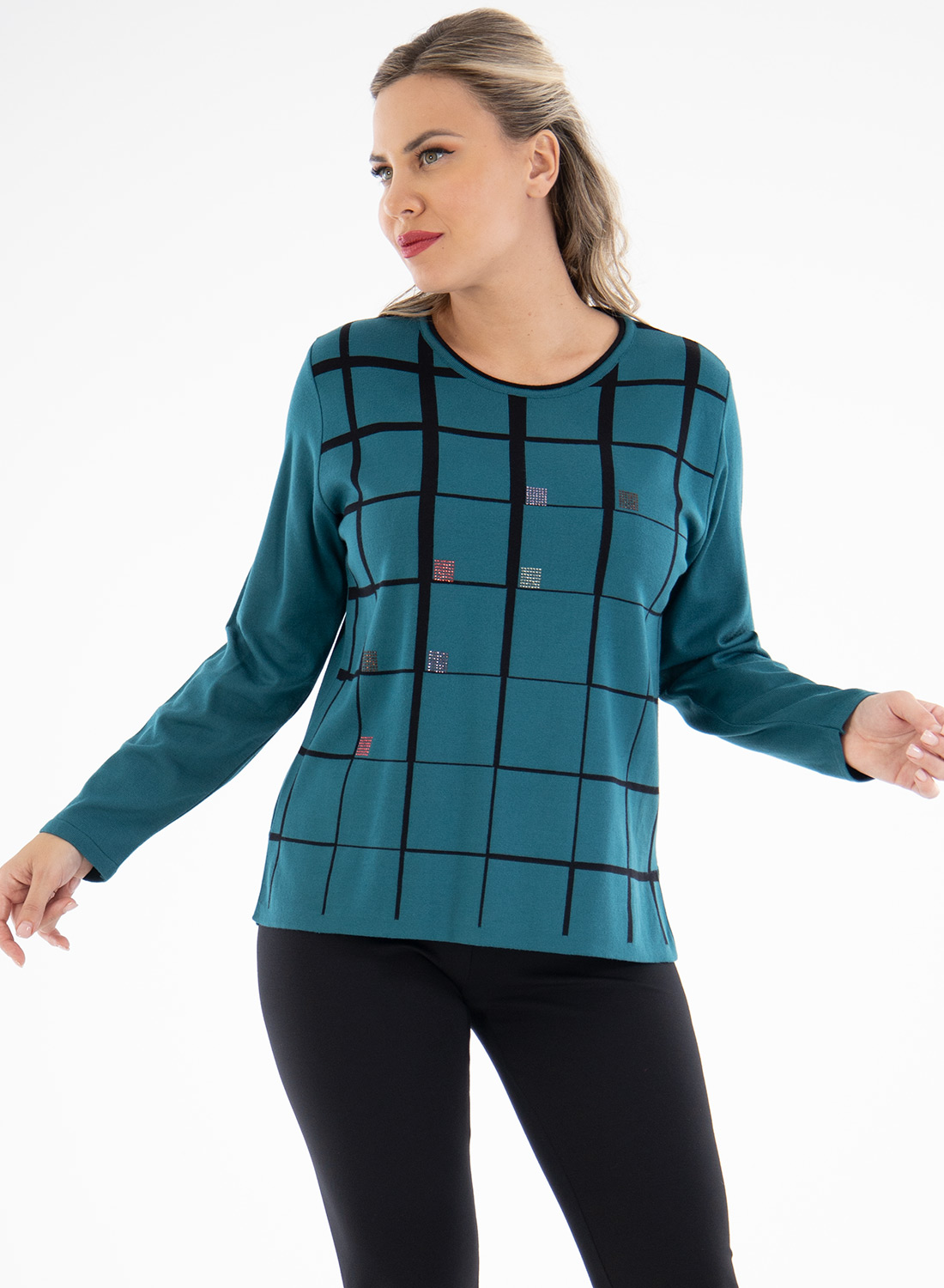 Πετρόλ πλεκτή μπλούζα με σχέδια