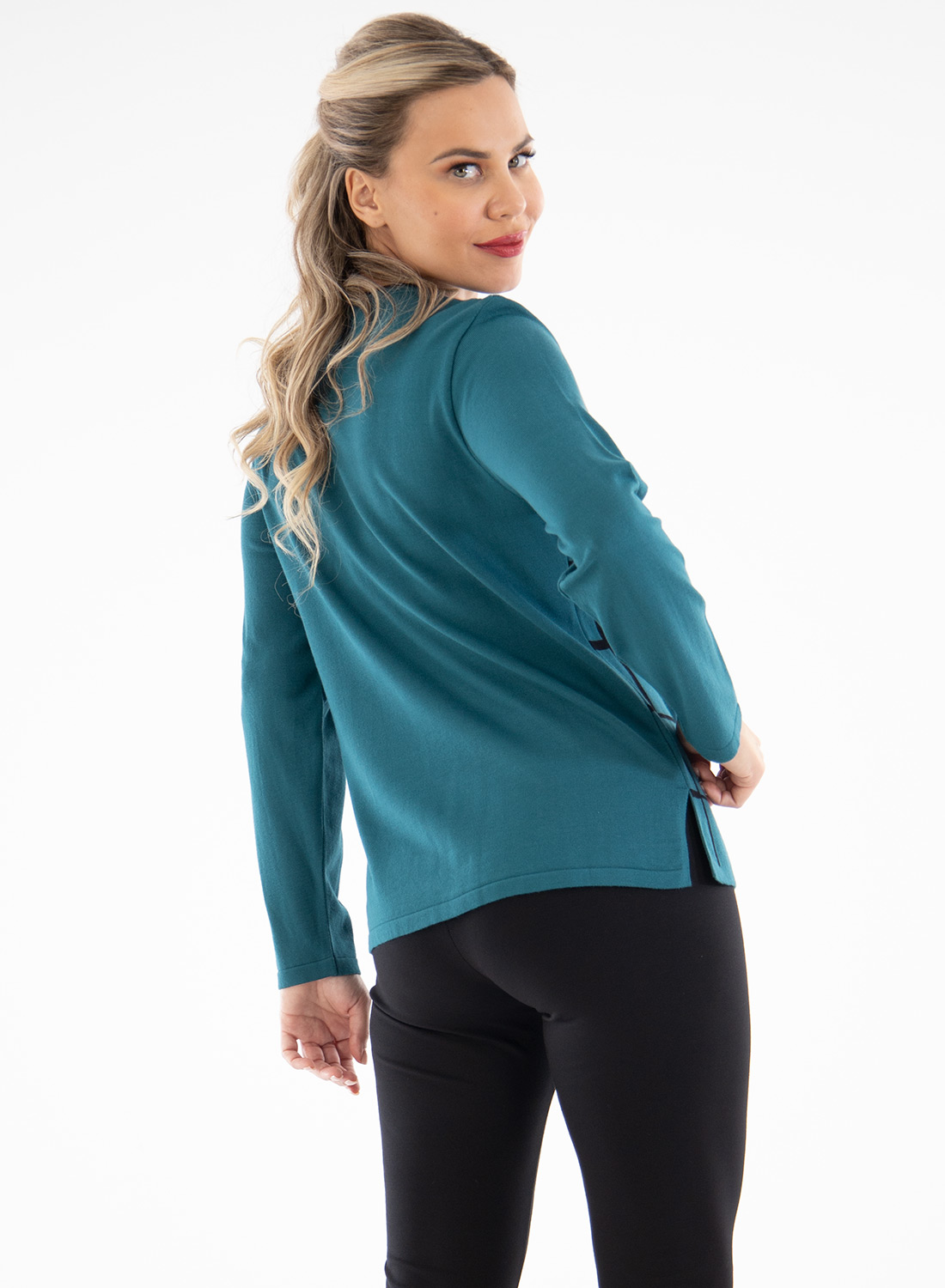 Πετρόλ πλεκτή μπλούζα με σχέδια