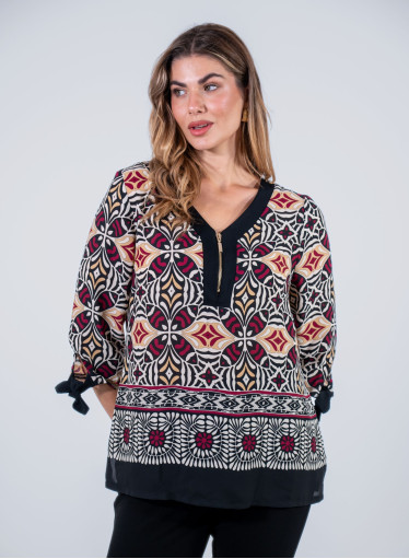 Εμπριμέ πουκαμίσα με φερμουάρ στο μπούστο  Εμπριμέ πουκαμίσα με φερμουάρ στο μπούστο