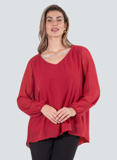 Κόκκινη μπλούζα μουσελίνας με κολιέ στρας Κόκκινη μπλούζα μουσελίνας με κολιέ στρας
