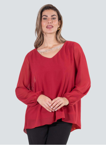 Κόκκινη μπλούζα μουσελίνας με κολιέ στρας Κόκκινη μπλούζα μουσελίνας με κολιέ στρας