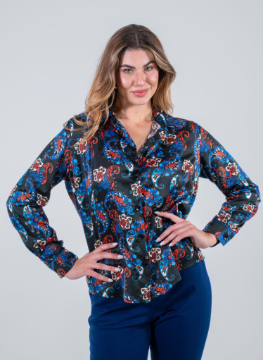 Εμπριμέ τύπου σατέν μαύρο πουκάμισο με λαχούρια Εμπριμέ τύπου σατέν μαύρο πουκάμισο με λαχούρια