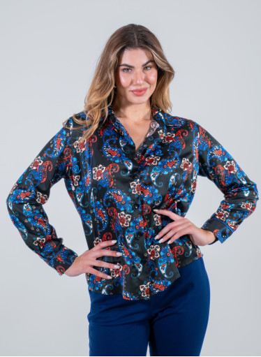 Εμπριμέ τύπου σατέν μαύρο πουκάμισο με λαχούρια