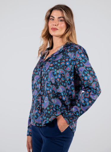 Εμπριμέ τύπου σατέν μπλε πουκάμισο με λαχούρια Εμπριμέ τύπου σατέν μπλε πουκάμισο με λαχούρια