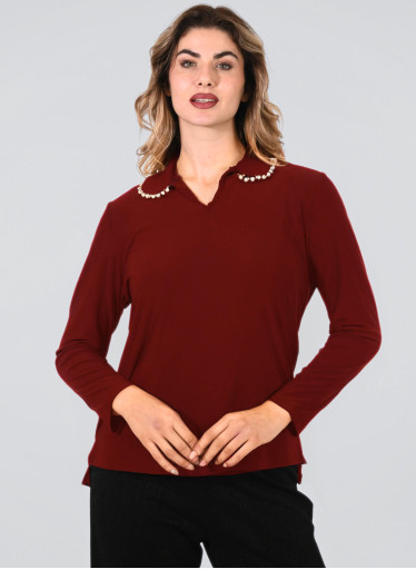 Μπορντό μπλούζα με γιακά κεντημένο με πέρλες